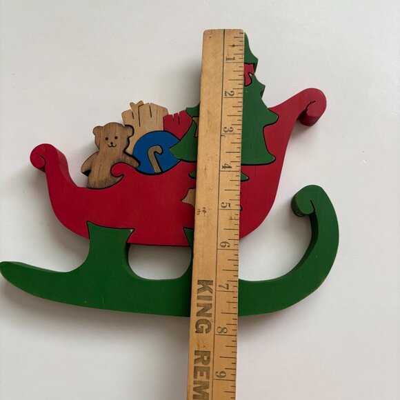 Santa Sleigh Jigsaw Puzzle Block Wood Handcrafted Christmas Figurine 3D Vintage - Picture 4 of 15